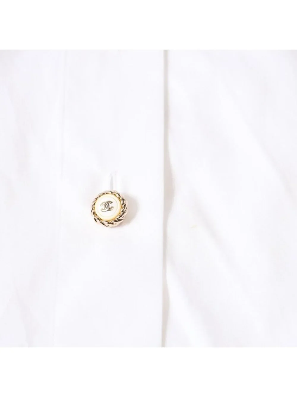 Chanel Long Sleeve Shirt Blouse CC Logo Cotton White Gold